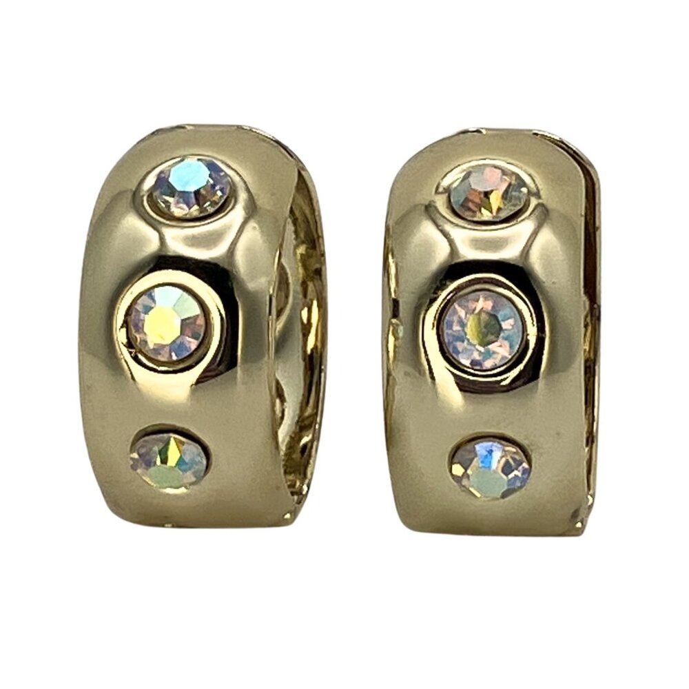 Vintage 90s Gold Tone Chunky AB Rhinestone Clip On Hoop Earrings Retro Statement